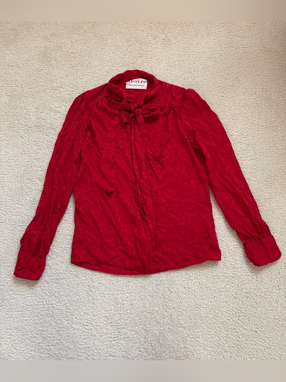 Vintage 80s Adolfo 100% silk tie neck red blouse sz S academia romantic power